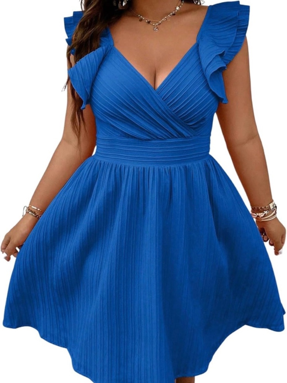 Royal Blue V-Neck Ruffle Sleeve Mini Dress